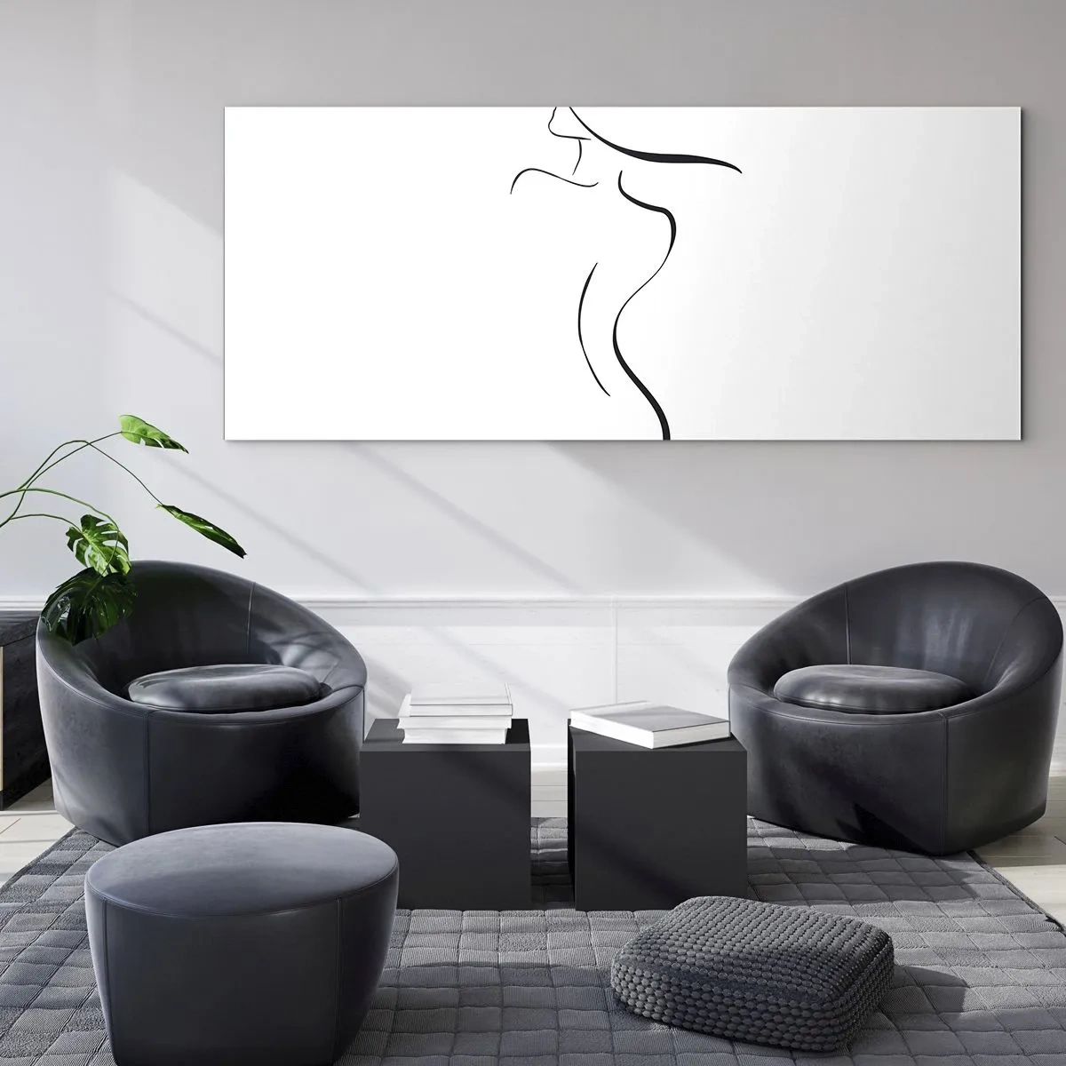 Obraz na szkle - Minimalistyczny kontur kobiecej sylwetki na białym tle - 120x50cm - Nieuchwytna jak fala - Nowoczesna dekoracja ścienna do salonu i sypialni ARTTOR