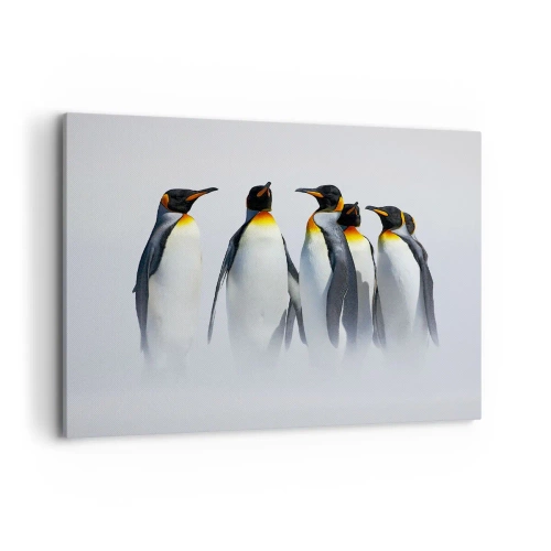 Obraz na płótnie - Grupa pingwinów cesarskich w zimowej mgle - 100x70cm - Spotkanie w wieczorowych strojach - Nowoczesna dekoracja ścienna do salonu, kuchni i sypialni ARTTOR