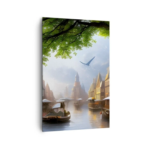 Obraz na płótnie - Malowniczy niderlandzki pejzaż z kanałem i kamienicami - 80x120cm - Niderlandzki pejzaż miejski - Nowoczesna dekoracja ścienna do salonu i sypialni ARTTOR