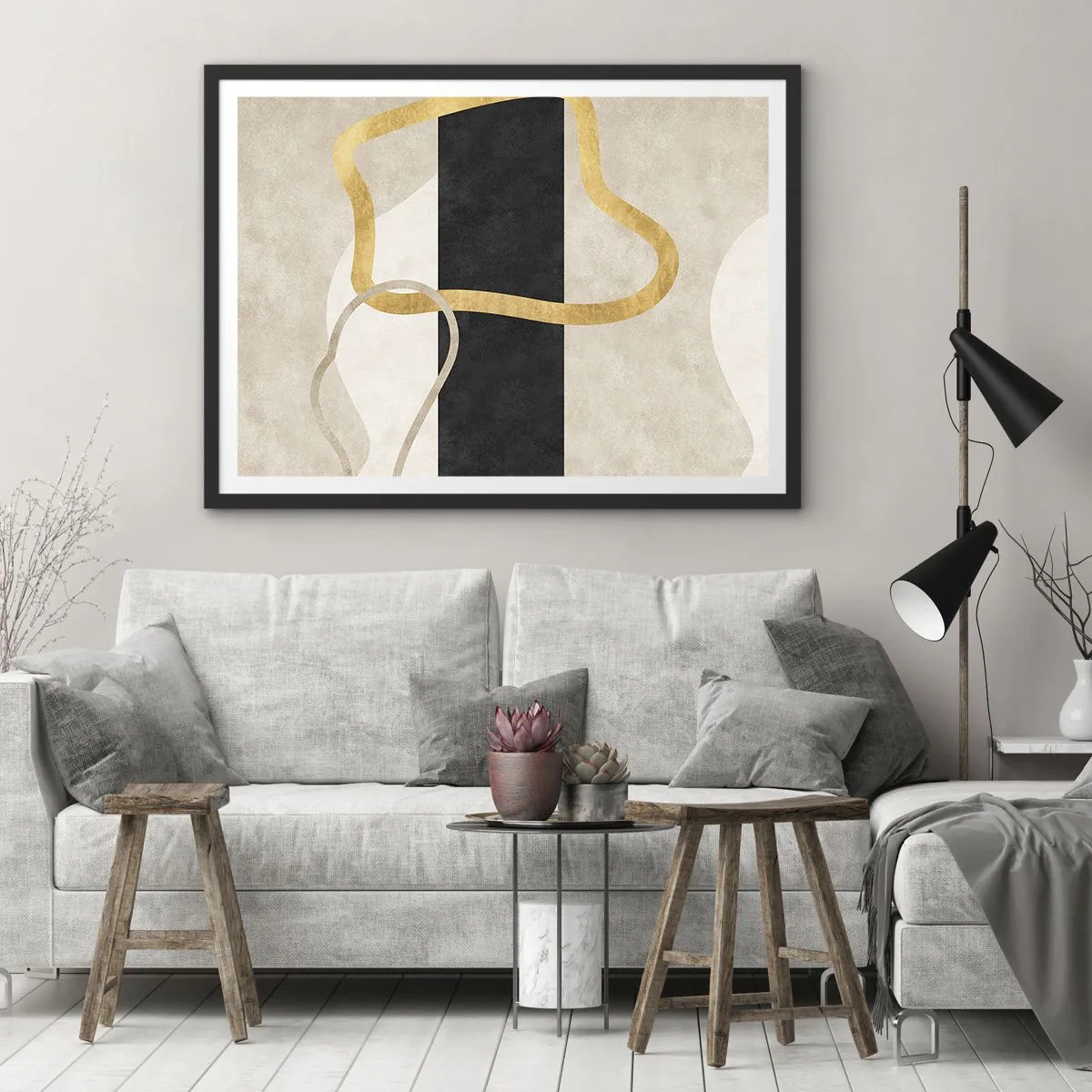 Plakat w czarnej ramie - Minimalistyczny wzór z zapętlonymi kształtami w złotym i czarnym kolorze - 70x50cm - Kształty zapętlone - Nowoczesna dekoracja ścienna do salonu i sypialni ARTTOR