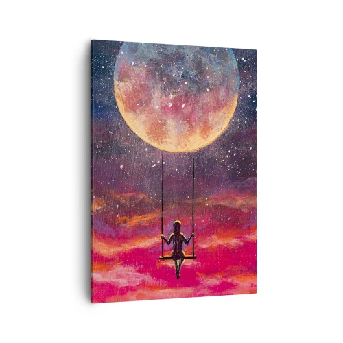 Obraz na płótnie - Postać na huśtawce pod wielkim księżycem na tle nocnego nieba - 50x70cm - Bujać w obłokach - Nowoczesna dekoracja ścienna do salonu, kuchni i sypialni ARTTOR