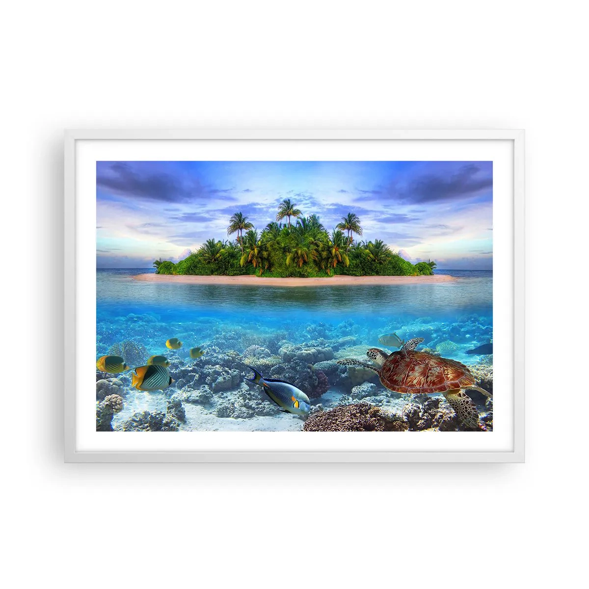 Plakat w białej ramie - Niebiańska wyspa zaprasza - 70x50 cm