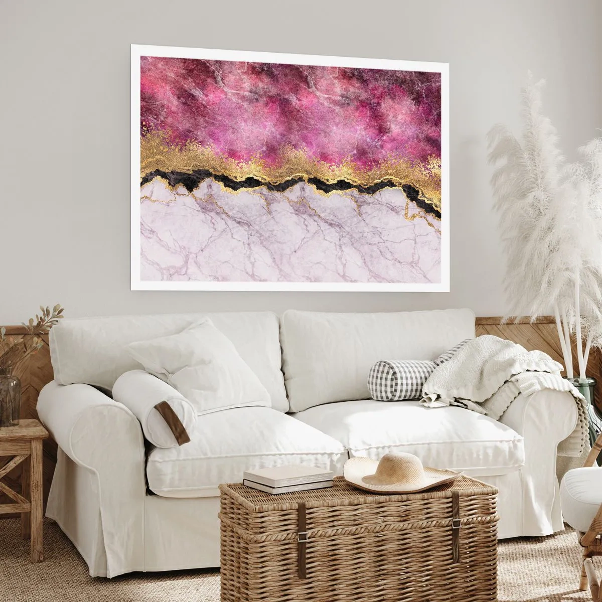 Plakat - Abstrakcyjny marmur w odcieniach różu ze złotymi akcentami - 100x70cm - Na granicy - Nowoczesna dekoracja ścienna do salonu i sypialni ARTTOR