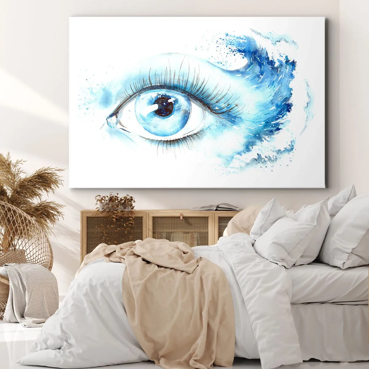 Obraz na płótnie - Artystyczna akwarela oka z dynamiczną falą - 120x80cm - Zanurzyć się w błękicie spojrzenia - Nowoczesna dekoracja ścienna do salonu, kuchni i sypialni ARTTOR