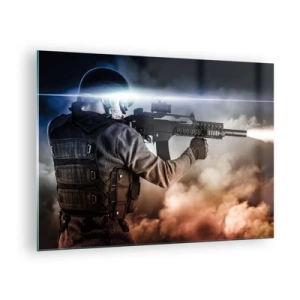 Obraz na szkle - Żołnierz w akcji strzelający z karabinu na tle dymu - 70x50cm - Po prostu bohater - Nowoczesna dekoracja ścienna do salonu i sypialni ARTTOR