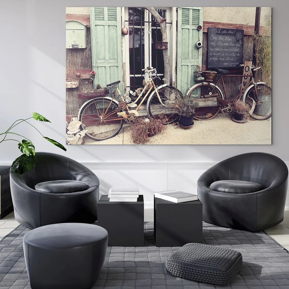 Obraz na szkle - Prowincjonalna sceneria z rowerami - 100x70cm - Niech żyje prowincja - Nowoczesna dekoracja ścienna do salonu, kuchni i sypialni ARTTOR