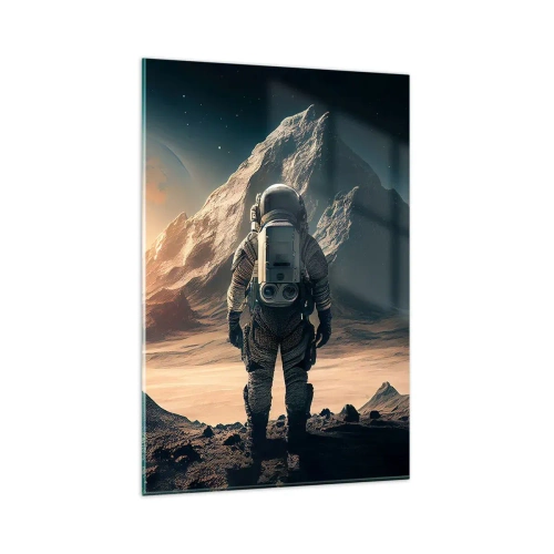Obraz na szkle - Astronauta na tle majestatycznych gór - 80x120cm - Nowe wyzwanie - Nowoczesna dekoracja ścienna do salonu i sypialni ARTTOR