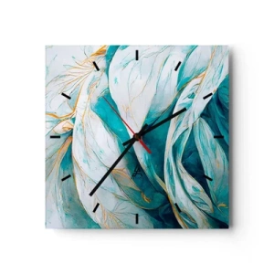 Zegar ścienny - Abstrakcyjne błękitne liście ze złotymi detalami - 30x30cm - Błękitna abstrakcja z motywem złota - Nowoczesna dekoracja ścienna do salonu i sypialni ARTTOR