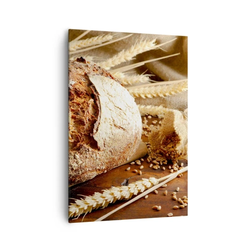 Obraz na płótnie - Chrupiący chleb z ziarnami i kłosami pszenicy na drewnianym tle - 70x100cm - Apetyczny, wonny, chrupiący - Nowoczesna dekoracja ścienna do salonu i sypialni ARTTOR