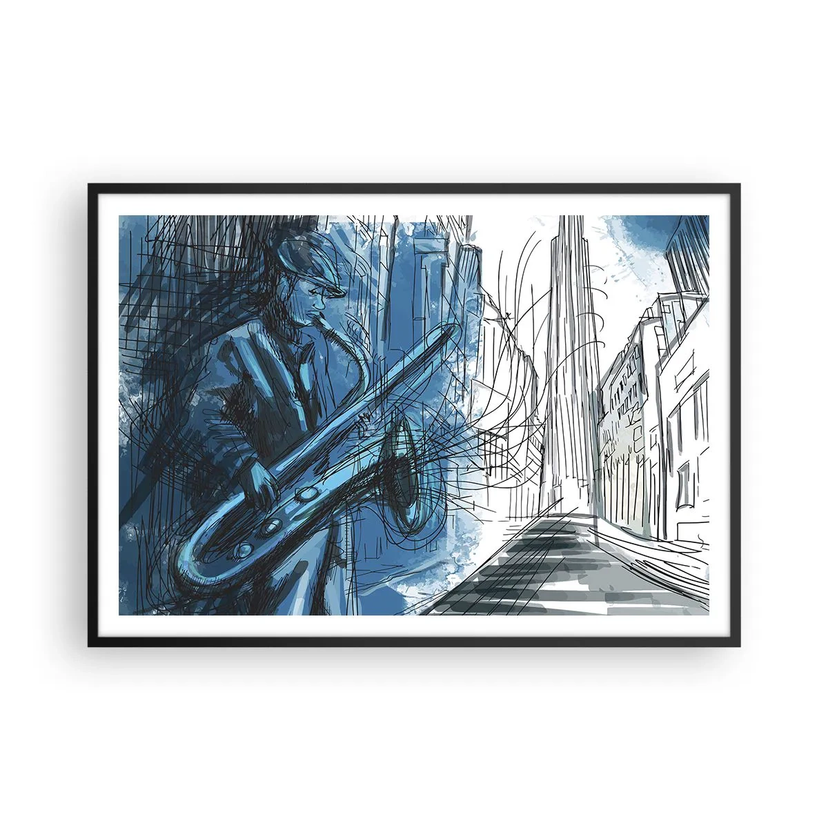 Plakat w czarnej ramie - Postać grająca na saksofonie na tle miasta - 100x70cm - Miejska rapsodia - Nowoczesna dekoracja ścienna do salonu i sypialni ARTTOR
