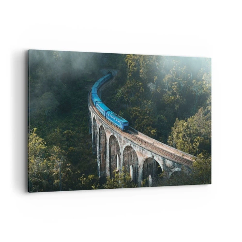 Obraz na płótnie - Niebieski pociąg na zabytkowym wiadukcie wśród lasów - 120x80cm - Pociąg do natury - Nowoczesna dekoracja ścienna do salonu, kuchni i sypialni ARTTOR