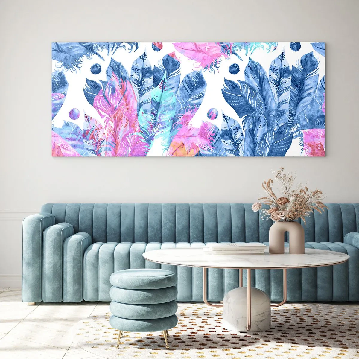 Obraz na szkle - Pióropusze w różu i błękicie - 90x30 cm