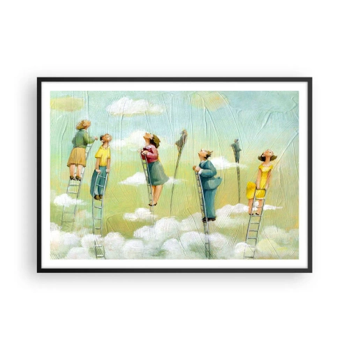 Plakat w czarnej ramie - Postacie wspinające się po drabinach wśród chmur na pastelowym tle - 100x70cm - Za swoim marzeniem - Nowoczesna dekoracja ścienna do salonu i sypialni ARTTOR