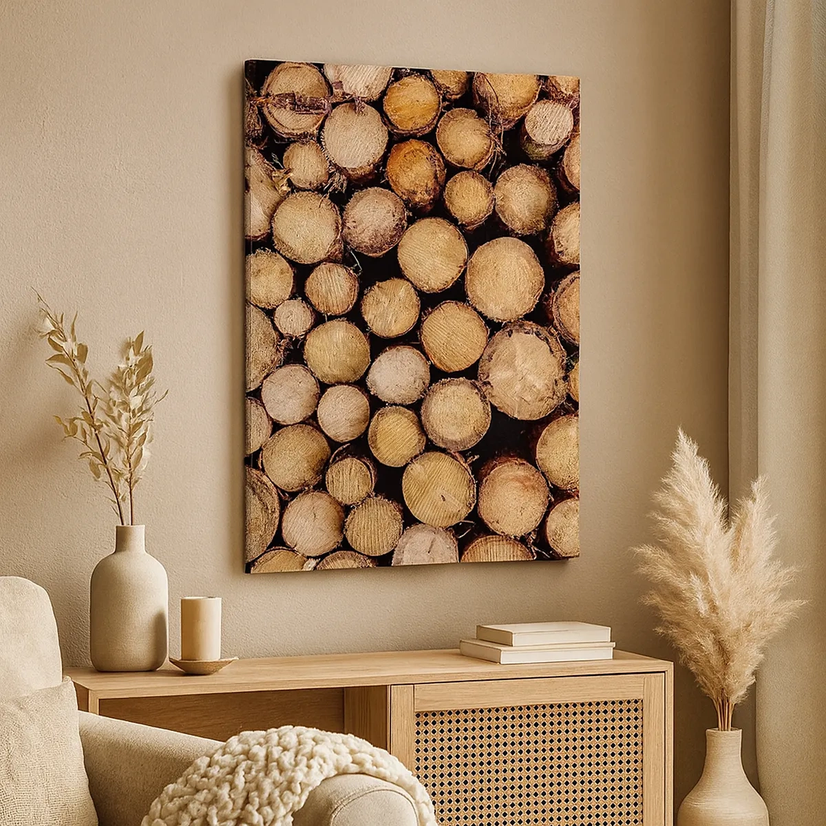 Obraz na płótnie - Stosy ściętych pni drzew ułożonych jeden na drugim - 50x70cm - Nowy początek - Nowoczesna dekoracja ścienna do salonu, kuchni i sypialni ARTTOR