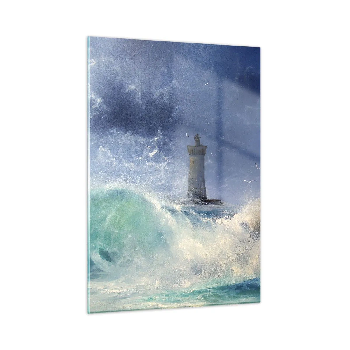 Obraz na szkle - Latarnia morska wśród wzburzonych fal oceanu - 50x70cm - Na straży przeciw żywiołom - Nowoczesna dekoracja ścienna do salonu, kuchni i sypialni ARTTOR