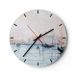 Zegar ścienny - Impresjonistyczny obraz przedstawiający port z łodziami na spokojnej wodzie - 30x30cm - Za wodą, za mgłą - Nowoczesna dekoracja ścienna do salonu, kuchni i sypialni ARTTOR