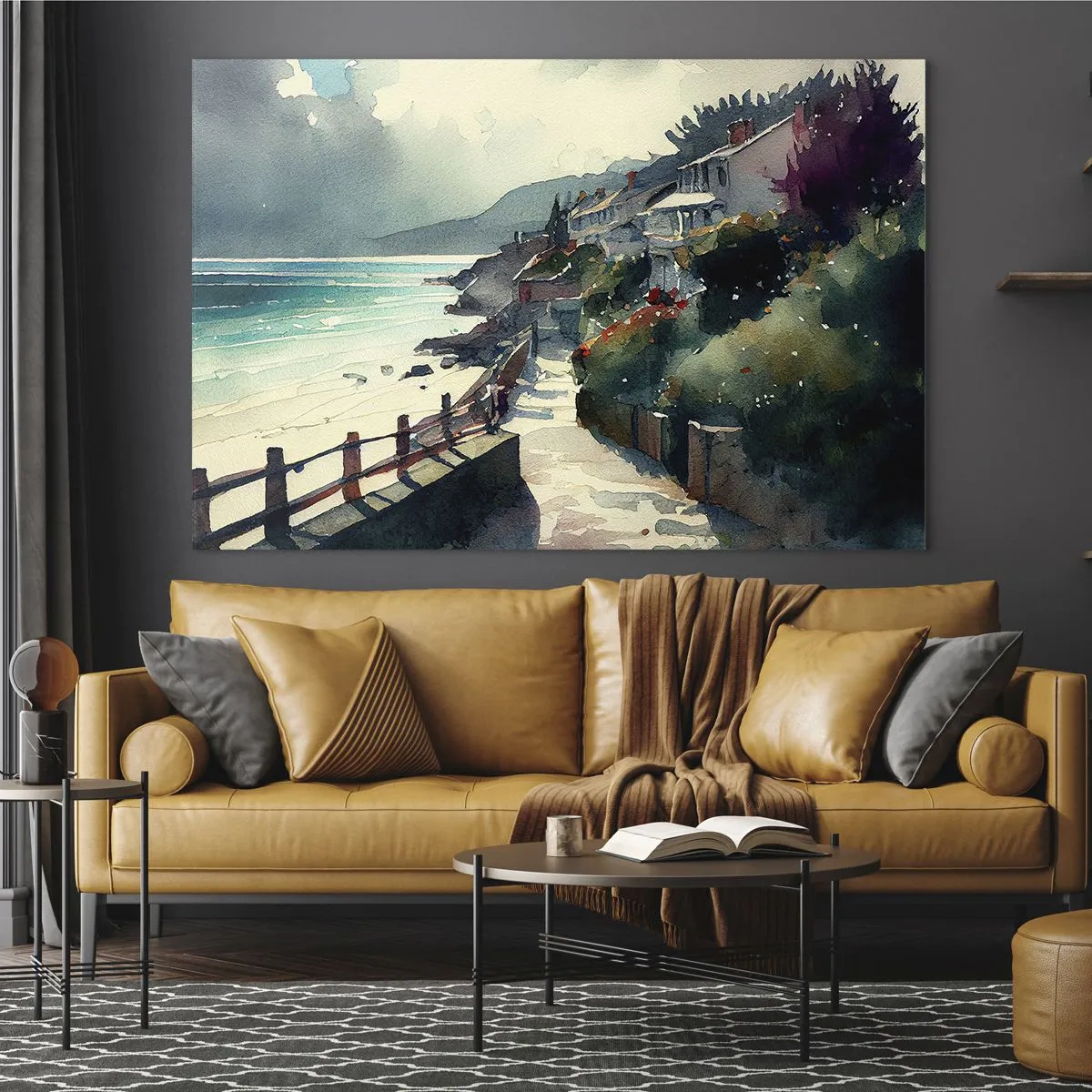 Obraz na szkle - Spacerowa alejka nadmorska przy kolorowych domach i wodzie - 70x50cm - Śródziemnomorskie miasteczko - Nowoczesna dekoracja ścienna do salonu i sypialni ARTTOR