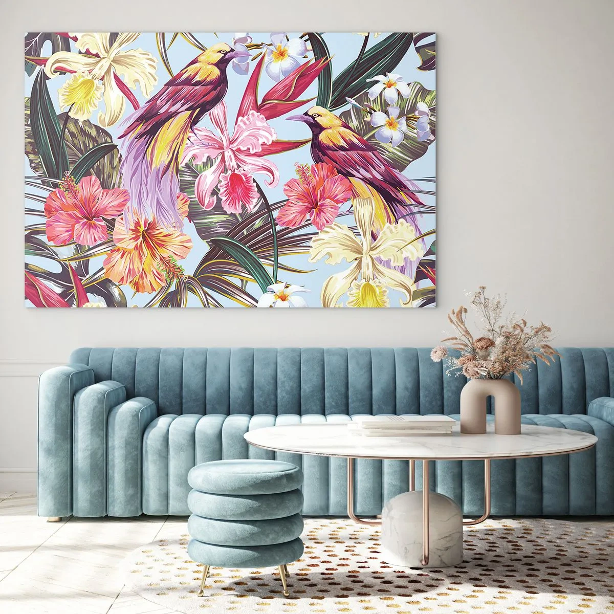 Obraz na szkle - Egzotyczne ptaki i kwiaty na jasnym tle - 70x50cm - Płatki i piórka - Nowoczesna dekoracja ścienna do salonu i sypialni ARTTOR
