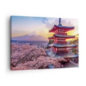 Obraz na płótnie - Pagoda w Japonii z kwitnącymi wiśniami i górą Fuji - 70x50cm - Esencja japońskiego ducha - Nowoczesna dekoracja ścienna do salonu i sypialni ARTTOR