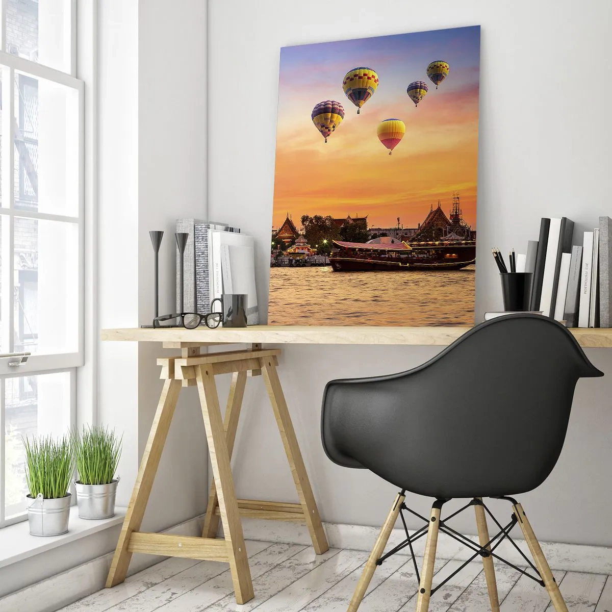 Obraz na szkle - Świątynia nad rzeką o zachodzie słońca z balonami - 50x70cm - Tutaj rodzą się baśnie - Nowoczesna dekoracja ścienna do salonu, kuchni i sypialni ARTTOR