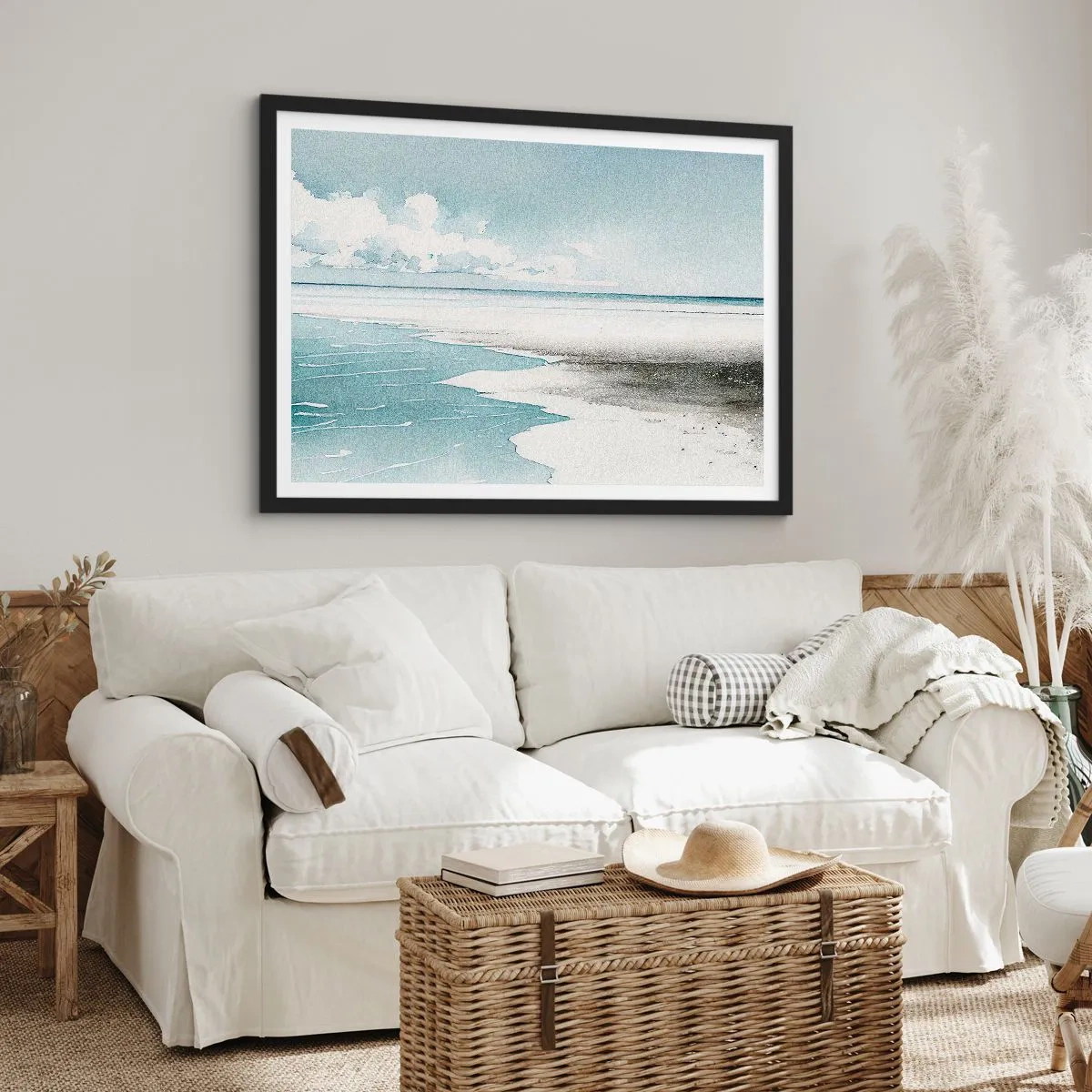 Plakat w czarnej ramie - Spokojne morze i plaża w jasnych odcieniach błękitu - 70x50cm - Łagodny przypływ - Nowoczesna dekoracja ścienna do salonu i sypialni ARTTOR