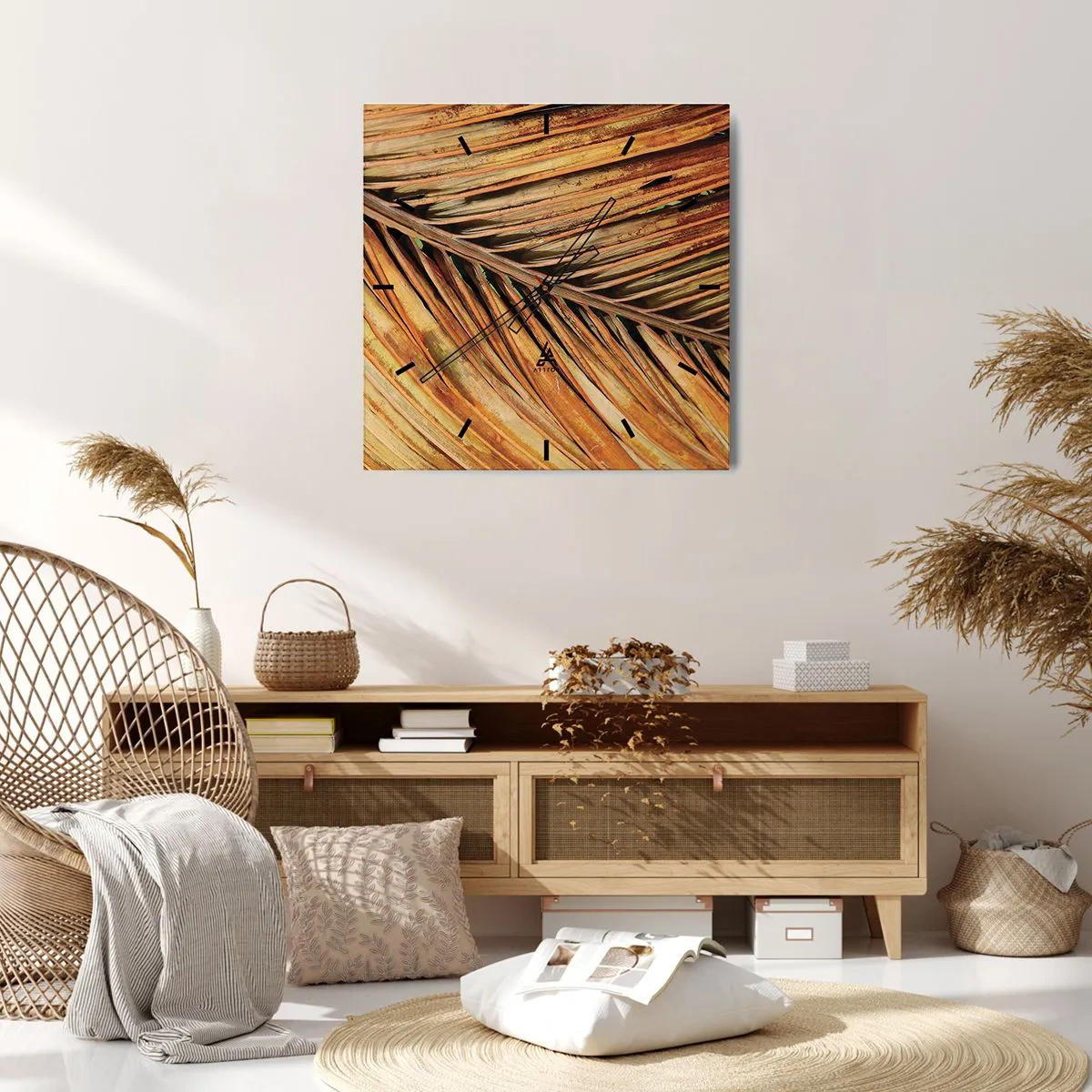 Zegar ścienny - Zbliżenie na suchy liść palmy w ciepłych odcieniach - 30x30cm - Kokosowe złoto - Nowoczesna dekoracja ścienna do salonu i sypialni ARTTOR