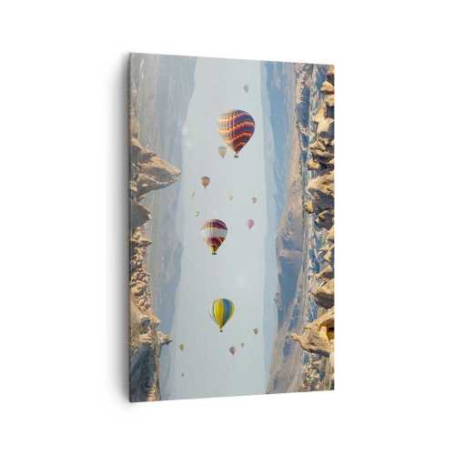 Obraz na płótnie - Kolorowe balony nad skalnym krajobrazem - 80x120cm - Tu wszystko jest możliwe - Nowoczesna dekoracja ścienna do salonu i sypialni ARTTOR