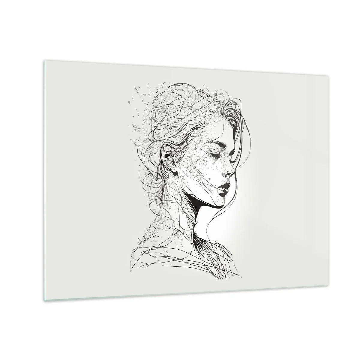 Obraz na szkle - Czarno-biały szkic kobiety z zamkniętymi oczami w delikatnej kresce - 70x50cm - Portret w zamyśleniu - Nowoczesna dekoracja ścienna do salonu i sypialni ARTTOR