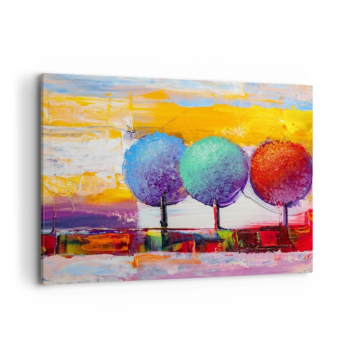 Obraz na płótnie - Trzy kolorowe drzewa na abstrakcyjnym tle - 100x70cm - Do trzech razy sztuka - Nowoczesna dekoracja ścienna do salonu, kuchni i sypialni ARTTOR