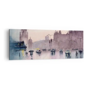 Obraz na płótnie - Miejska ulica o zmierzchu w akwarelowym stylu - 140x50cm - W deszczowej mgiełce - Nowoczesna dekoracja ścienna do salonu i sypialni ARTTOR
