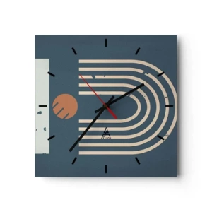 Zegar ścienny - Geometryczny wzór w odcieniach granatu, beżu i pomarańczu na ciemnym tle - 30x30cm - Geometria na granacie - Nowoczesna dekoracja ścienna do salonu i sypialni ARTTOR