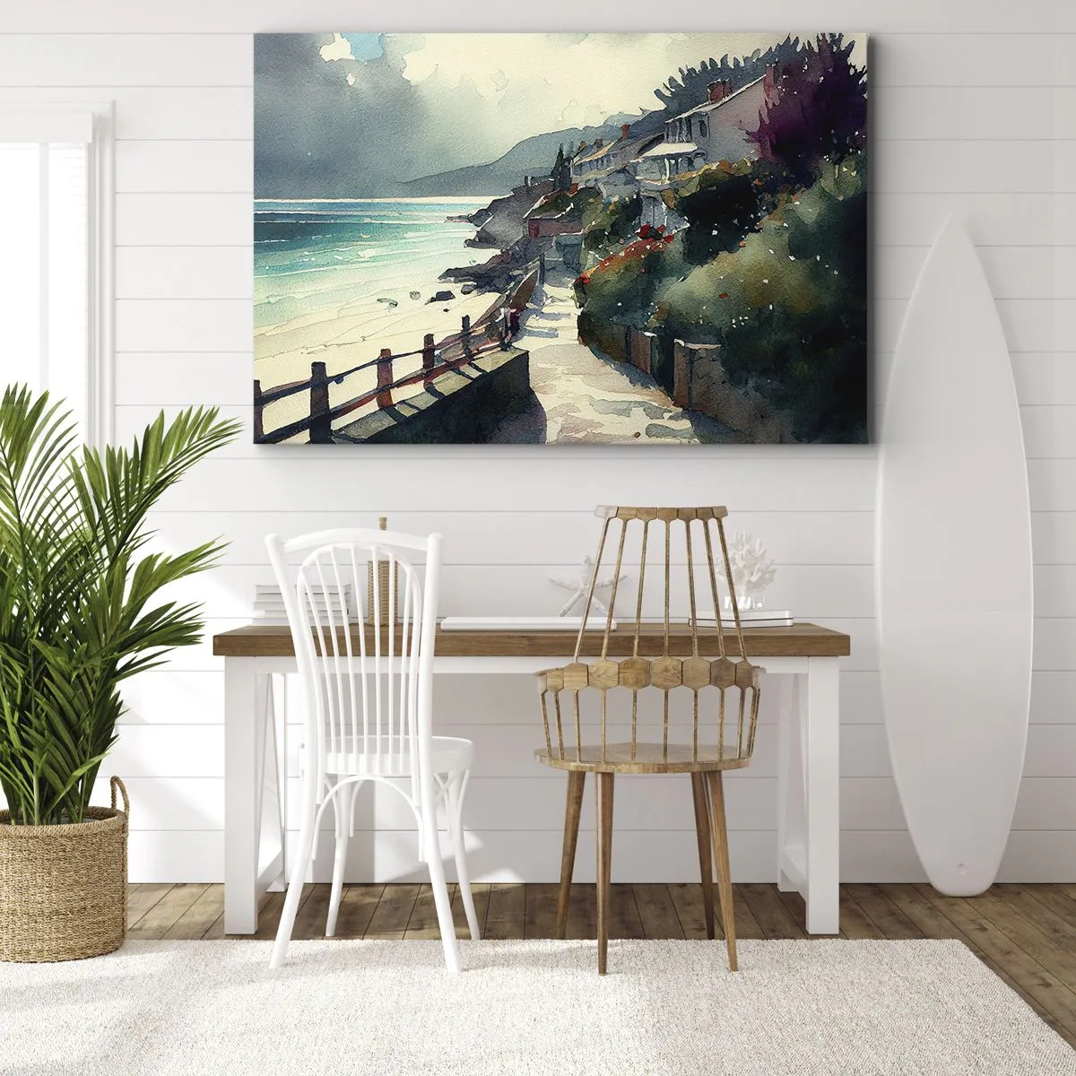 Obraz na płótnie - Nadmorska promenada z domami i roślinnością - 70x50cm - Śródziemnomorskie miasteczko - Nowoczesna dekoracja ścienna do salonu i sypialni ARTTOR