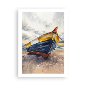 Plakat - Akwarelowa łódź na plaży o zachodzie słońca - 50x70cm - Odpoczynek na brzegu - Nowoczesna dekoracja ścienna do salonu, kuchni i sypialni ARTTOR