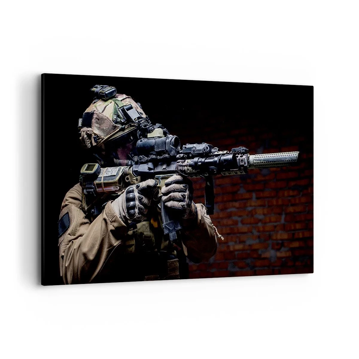 Obraz na płótnie - Żołnierz w pełnym ekwipunku z karabinem - 120x80cm - Zabójczo skuteczny - Nowoczesna dekoracja ścienna do salonu, kuchni i sypialni ARTTOR