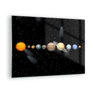 Obraz na szkle - Układ Słoneczny na tle gwiazd w kosmosie - 70x50cm - A planety szaleją, szaleją… - Nowoczesna dekoracja ścienna do salonu i sypialni ARTTOR