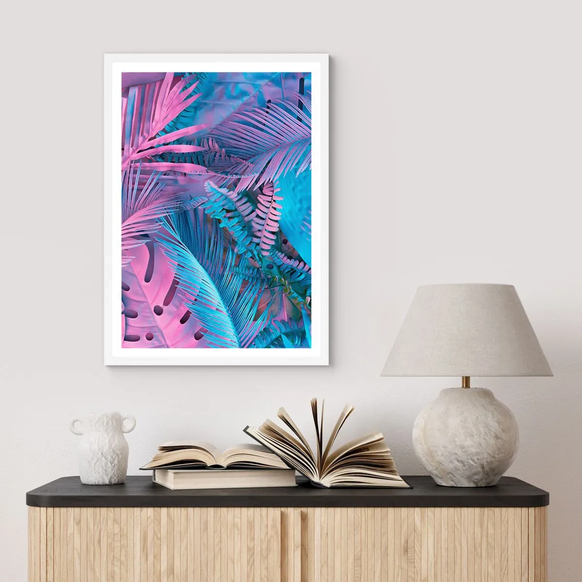 Plakat w białej ramie - Tropiki w różu i błękicie - 30x40 cm