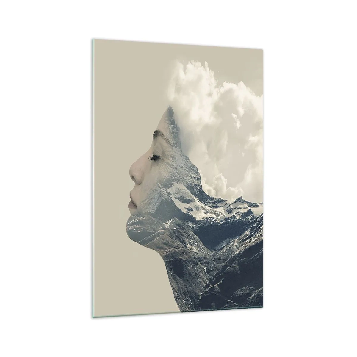 Obraz na szkle - Sylwetka kobiety z krajobrazem gór w tle - 70x100cm - Uroda żywiołów - Nowoczesna dekoracja ścienna do salonu i sypialni ARTTOR