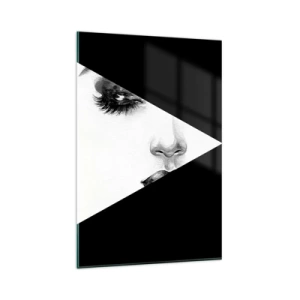 Obraz na szkle - Czarno-biała ilustracja kobiecej twarzy ukrytej za geometrycznym kształtem - 80x120cm - Zawsze nieodkryta - Nowoczesna dekoracja ścienna do salonu i sypialni ARTTOR