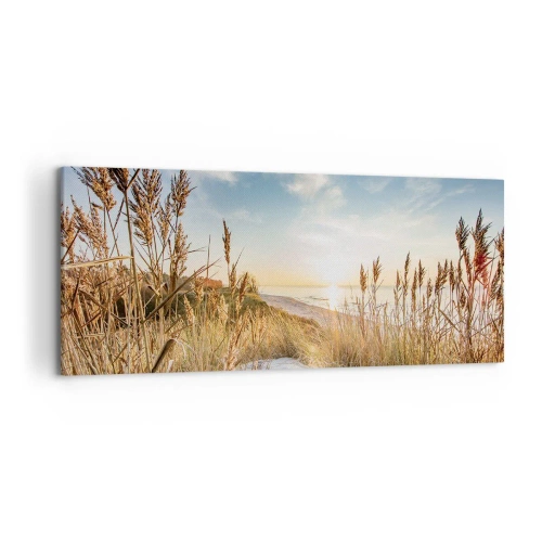 Obraz na płótnie - Malownicza plaża z trawami i zachodzącym słońcem - 120x50cm - Północna plaża - Nowoczesna dekoracja ścienna do salonu i sypialni ARTTOR