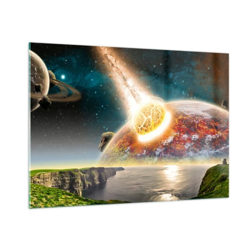 Obraz na szkle - Zderzenie meteorytu z planetą w kosmosie - 100x70cm - Kosmiczny dramat - Nowoczesna dekoracja ścienna do salonu, kuchni i sypialni ARTTOR