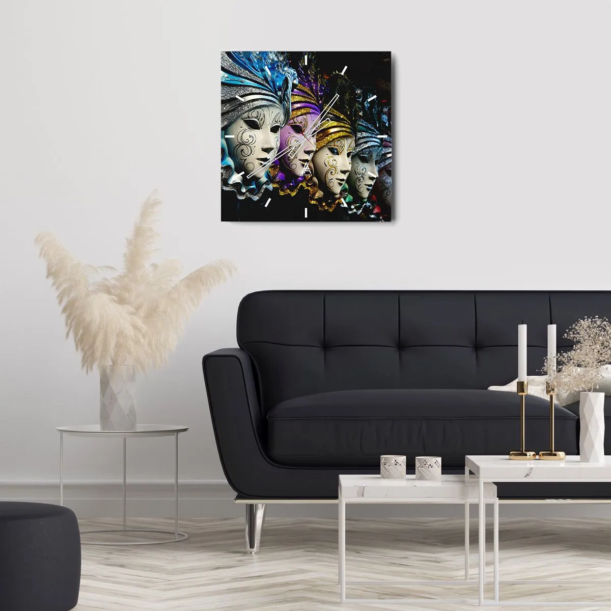 Zegar ścienny - Maski weneckie w różnych kolorach z ozdobnymi wzorami - 30x30cm - Tajemnica w złocie i w srebrze - Nowoczesna dekoracja ścienna do salonu i sypialni ARTTOR
