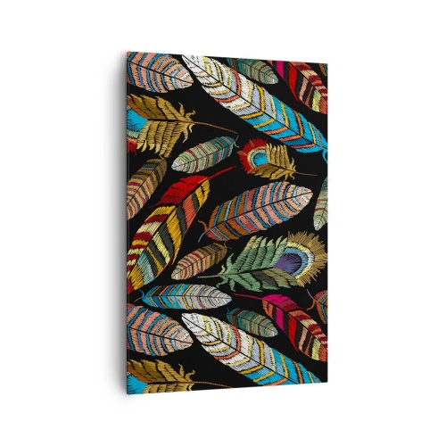Obraz na płótnie - Kolorowe pióra na czarnym tle - 80x120cm - Ptasi karnawał - Nowoczesna dekoracja ścienna do salonu i sypialni ARTTOR