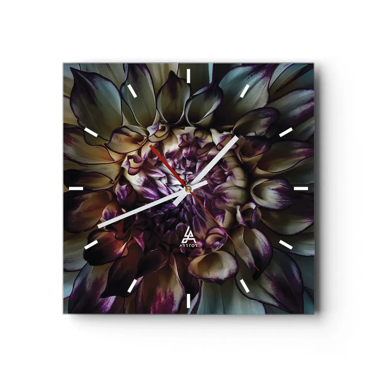Zegar ścienny - Zbliżenie na kwiat dalii w ciemnych tonach - 30x30cm - Rozkwit młodości - Nowoczesna dekoracja ścienna do salonu i sypialni ARTTOR