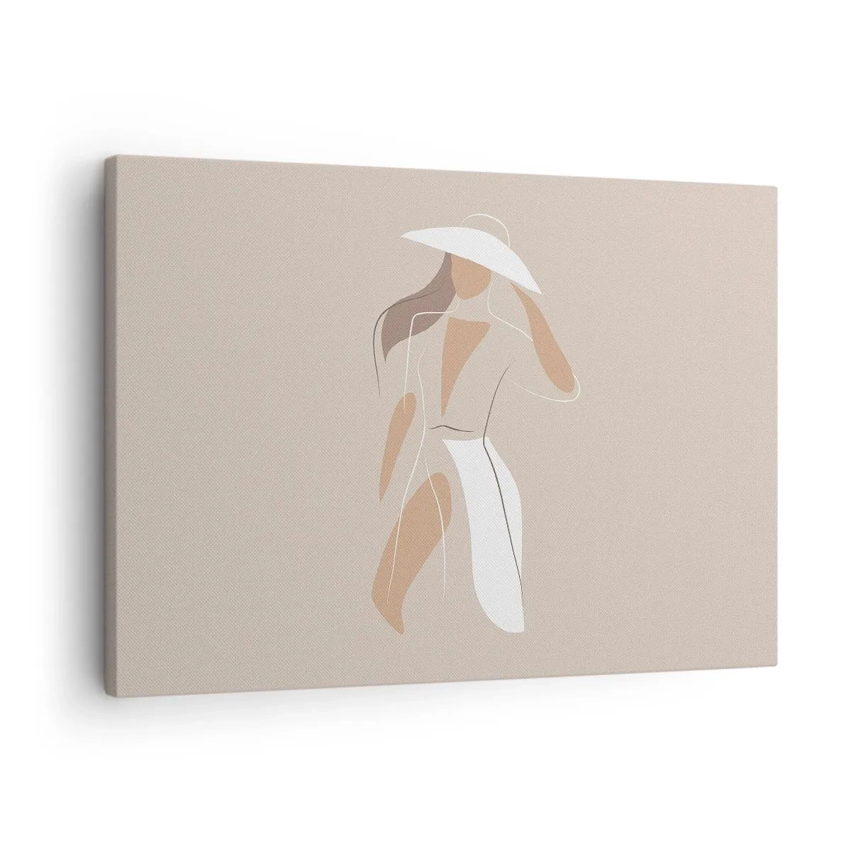 Obraz na płótnie - Minimalistyczny rysunek kobiety w kapeluszu na beżowym tle - 70x50cm - Moda to zabawa - Nowoczesna dekoracja ścienna do salonu i sypialni ARTTOR