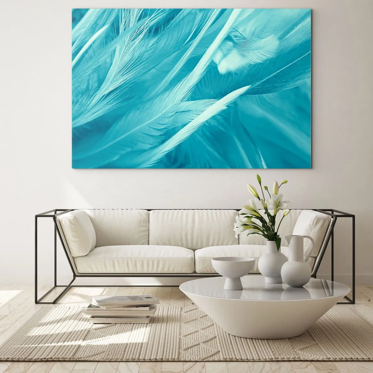 Obraz na szkle - Turkusowe pióra w delikatnym zbliżeniu - 100x70cm - Utonąć w puchu - Nowoczesna dekoracja ścienna do salonu, kuchni i sypialni ARTTOR