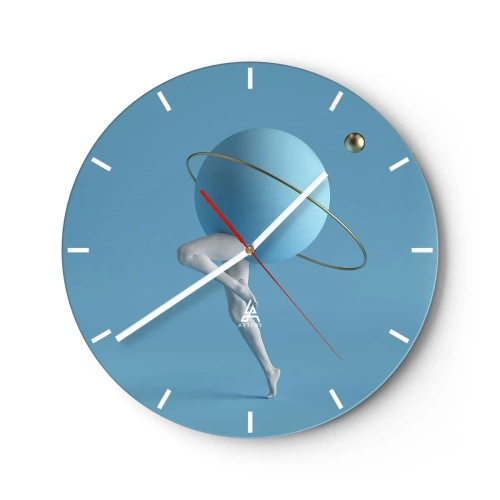 Zegar ścienny - Surrealistyczna postać z kulą planety na tle nieba - 30x30cm - A planety szaleją - Nowoczesna dekoracja ścienna do salonu, kuchni i sypialni ARTTOR