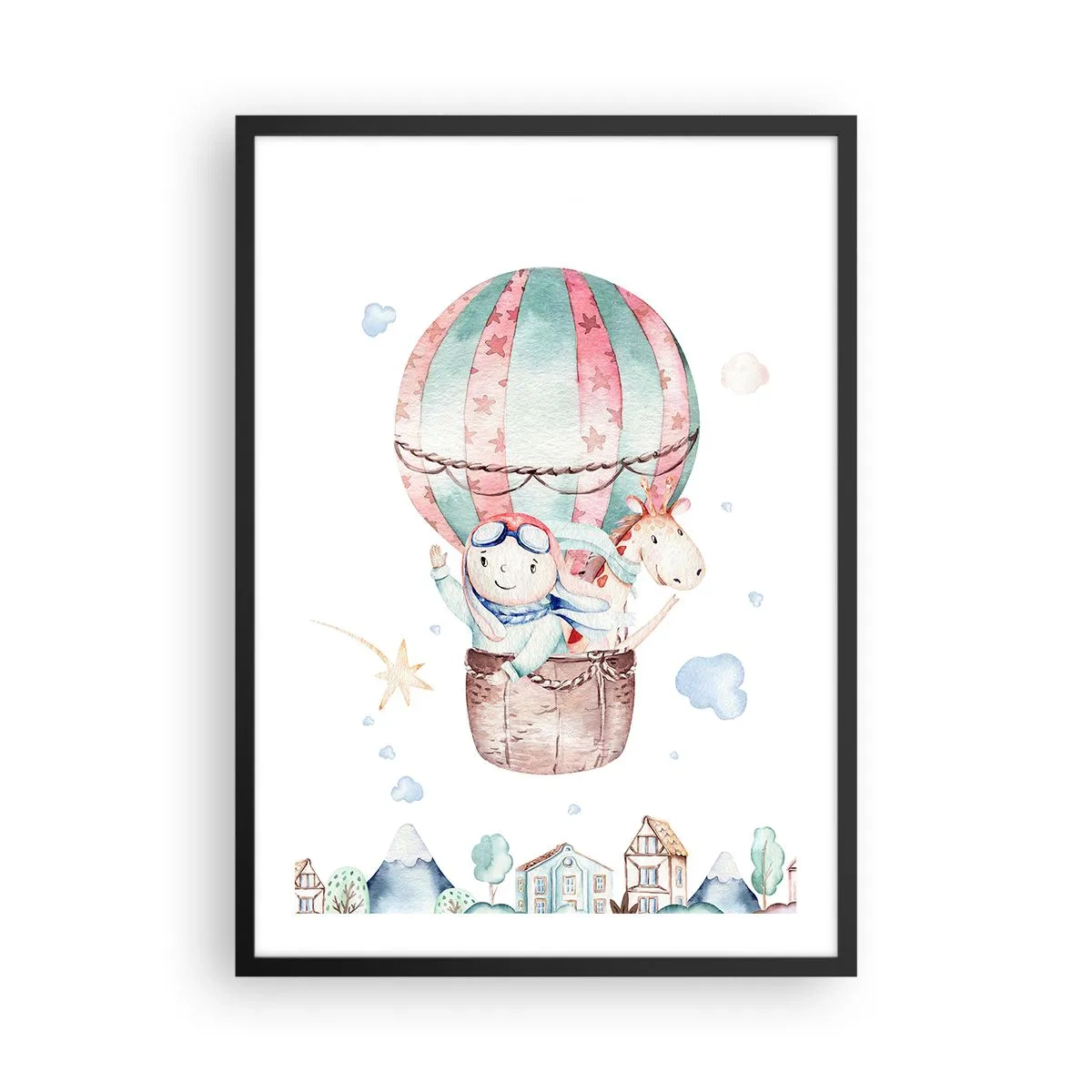 Plakat w czarnej ramie - Urocza ilustracja misia lecącego balonem nad miasteczkiem - 50x70cm - Wrócimy wkrótce! - Nowoczesna dekoracja ścienna do salonu i sypialni ARTTOR