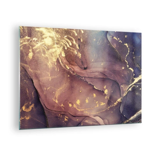 Obraz na szkle - Abstrakcyjna kompozycja z fioletowo-złotymi plamami i strukturą - 70x50cm - Materia i duch - Nowoczesna dekoracja ścienna do salonu i sypialni ARTTOR