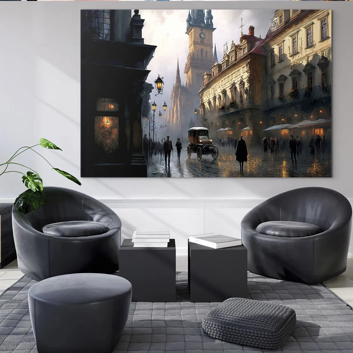 Obraz na szkle - Zabytkowa ulica oświetlona latarniami o zmierzchu - 70x50cm - Czar praskiego wieczoru - Nowoczesna dekoracja ścienna do salonu i sypialni ARTTOR