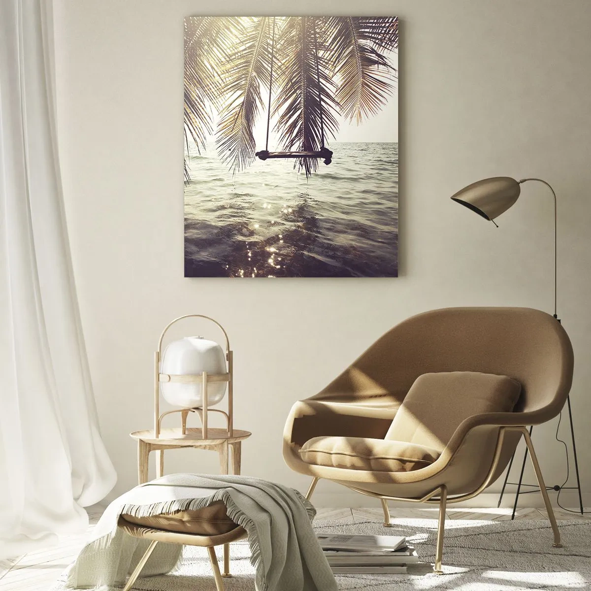 Obraz na szkle - Plaża z palmami i huśtawką nad spokojnym morzem - 50x70cm - Można bujać w obłokach do woli - Nowoczesna dekoracja ścienna do salonu, kuchni i sypialni ARTTOR